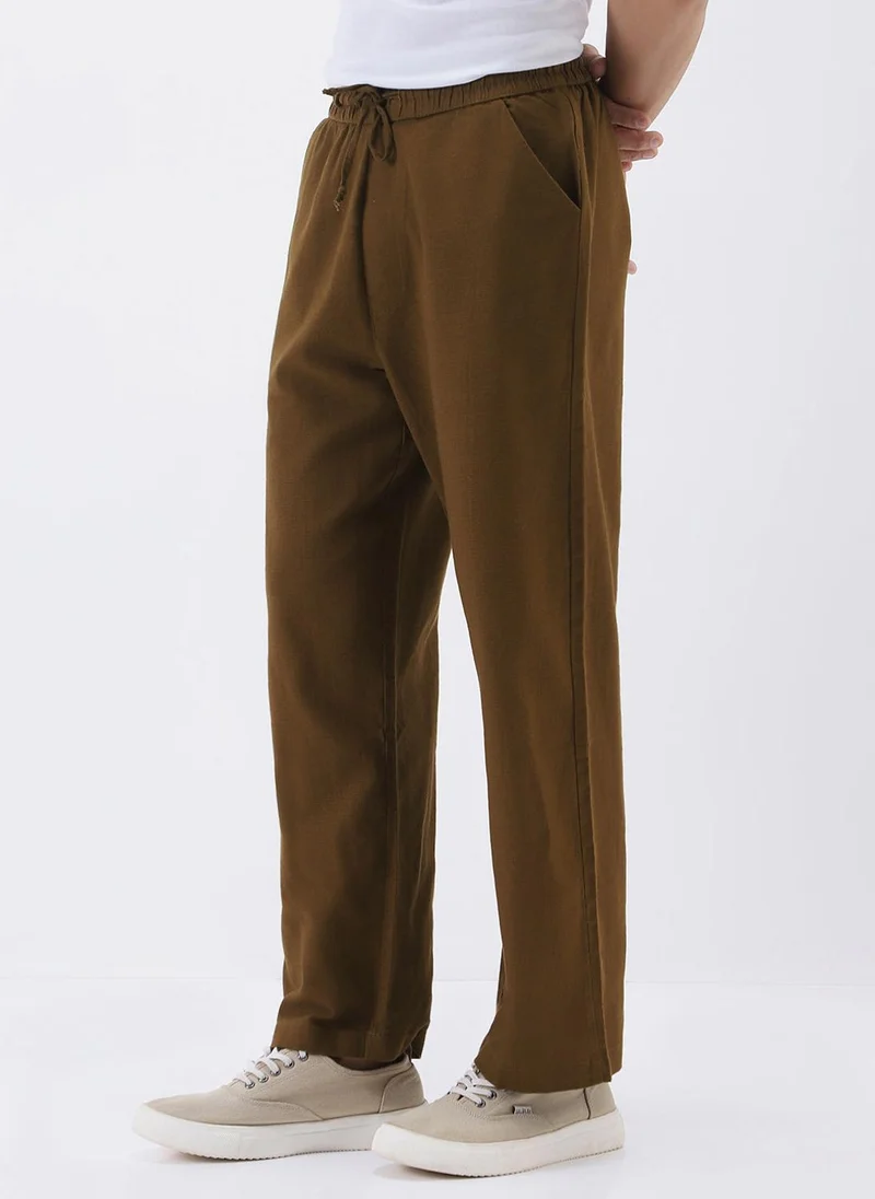 Urbano Fashion  Urbano Fashion Men's Khaki Loose Fit Solid Linen Blend Trousers Non-Stretchable for Men | Best Price UAE